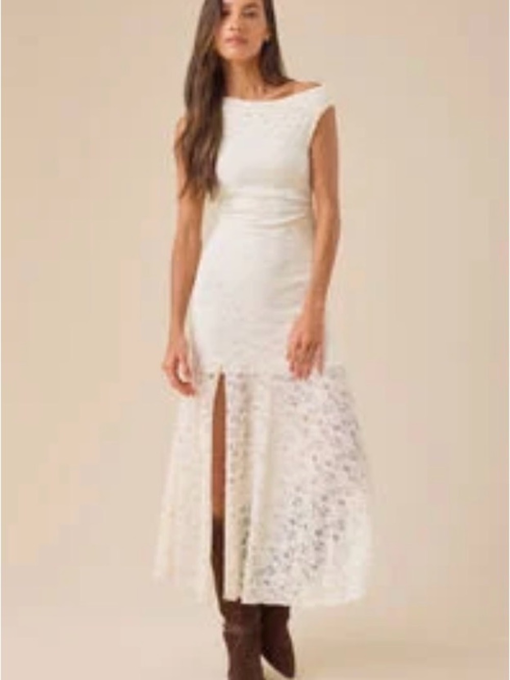 Altar'd State Ivory Lace Midi Dress with Front Slit